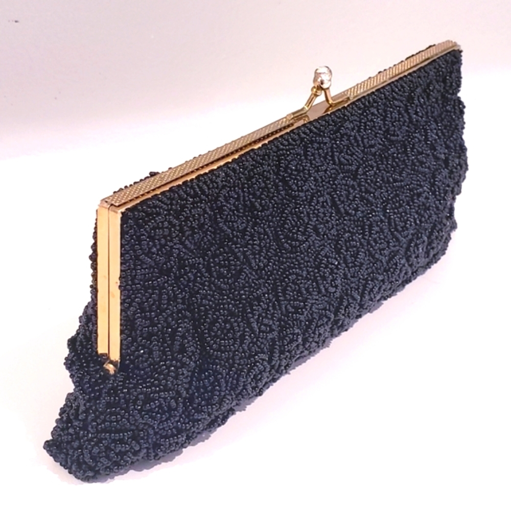 VINTAGE Black Beaded Minaudiere Clutch Bag